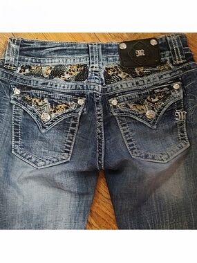 Beautiful Miss Me Embellished Blue Jeans with Leopard Accent 34-1/2” Inseam